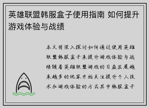 英雄联盟韩服盒子使用指南 如何提升游戏体验与战绩