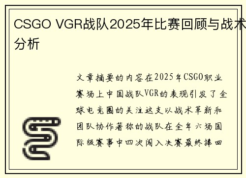 CSGO VGR战队2025年比赛回顾与战术分析